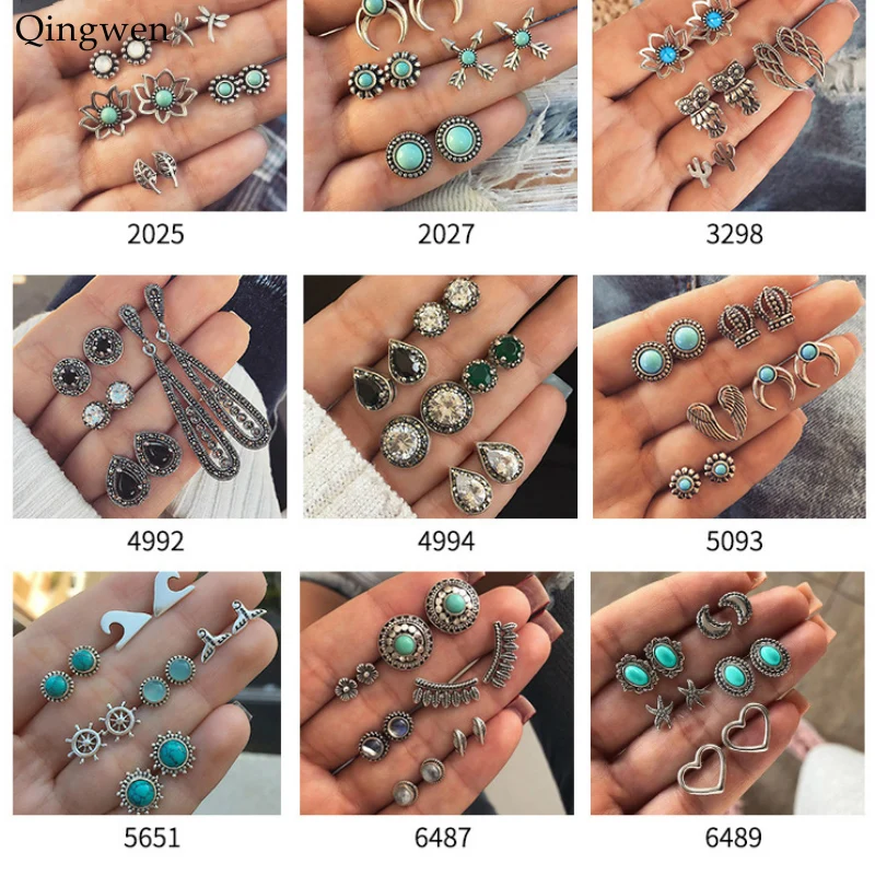 

Qingwen 4Pairs /Set Boho Arrow Cross Moon Flower Gem Silver Earrings Set Women Punk Stud Earrings Set Personality Party CE0608/w