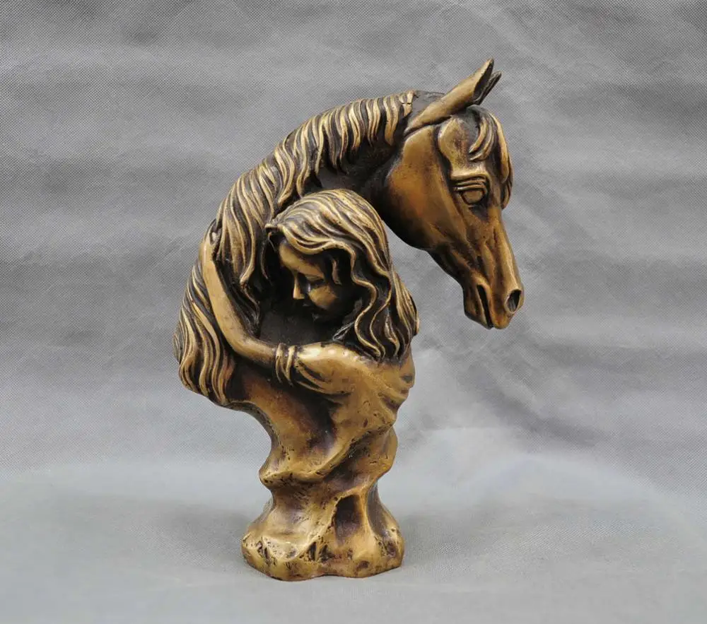 12'' China Girl Hug Horse Bronze Statuein Statues & Sculptures from