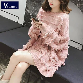

Vangull Women Knitted Sweater Spring Autumn Solid Fashion Tassel Pullovers Long Sleeve O-neck Loose Female Sweaters 2019 New