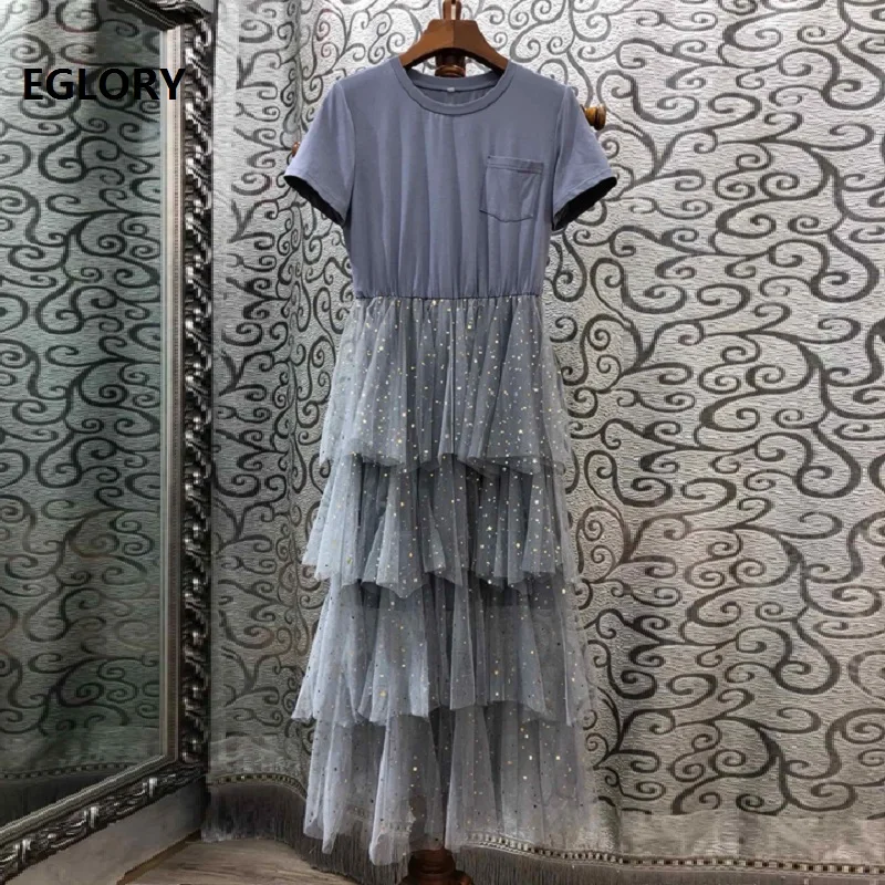 

Top Quality New 2019 Summer Fashion Long T-Shirt Dress Women Star Golden Foil Mesh Patchwork Dark Grey Cascading Ruffle Dress