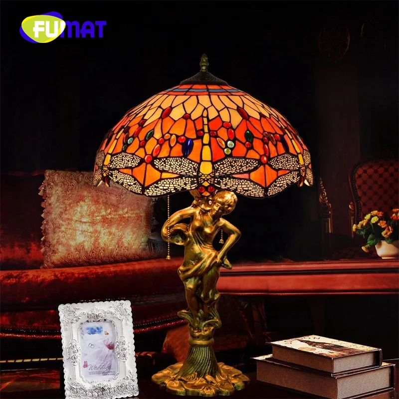 

FUMAT Tiffany Bedroom Bedside Table Lamp Stained Glass Shade Lamp Red Dragonfly Rose Art European Retro Living Room Dining Room