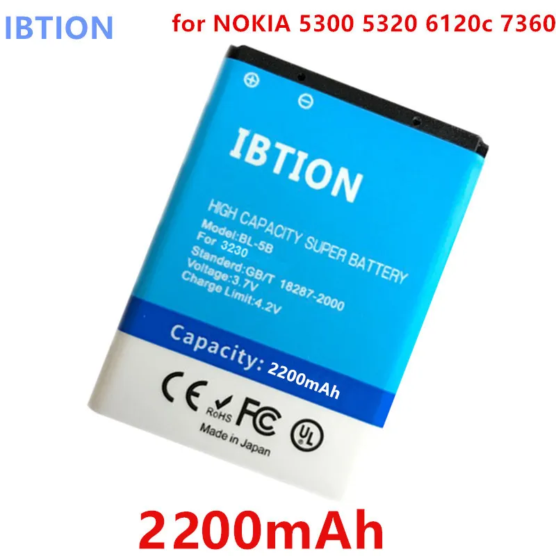 IBTION 2200 mAh BL-5B BL 5B аккумулятор высокой емкости для мобильных телефонов Nokia 3 i/5200/5300/5500/6020/6021/6060 и т. д