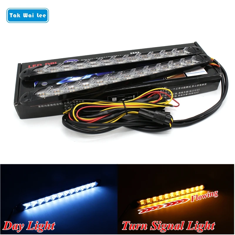 

Tak Wai Lee 2X9 2X12 LED DRL Daytime Running Light Bar Car Styling Dynamic Streamer Flow Amber Turn Signal Steering Fog Day Lamp