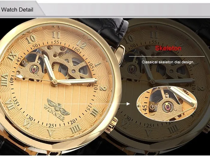 WINNER famous popular hot mechanical brand for men man fashion casual classic skeleton watches gold dial leather band