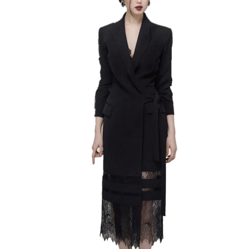 

Newest Autumn Women Long Blazers 2019 Runway Designer Black Patchwork Lace Blazer Vintage Hollow Out Bow Fashion Outerwear