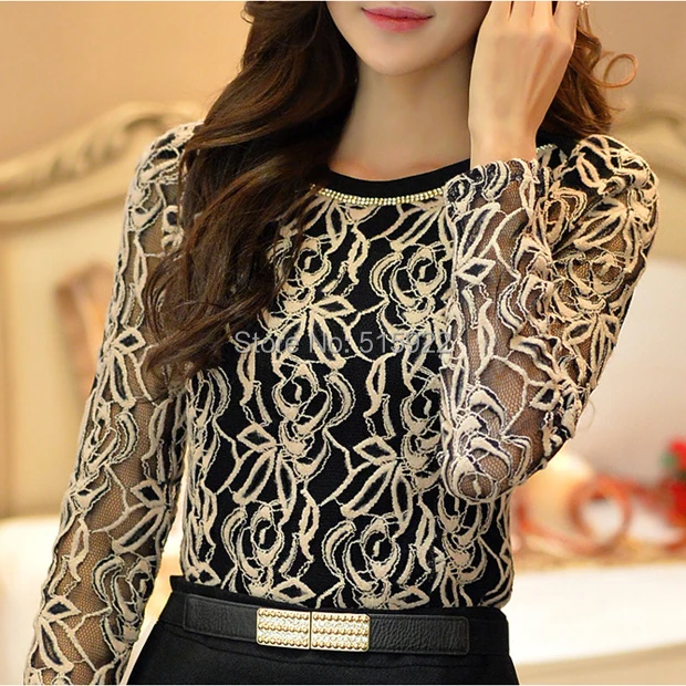 New 2015 Fashion Plus Size Long Sleeve Crochet Black And White Body Lace Chiffon Blouse Women