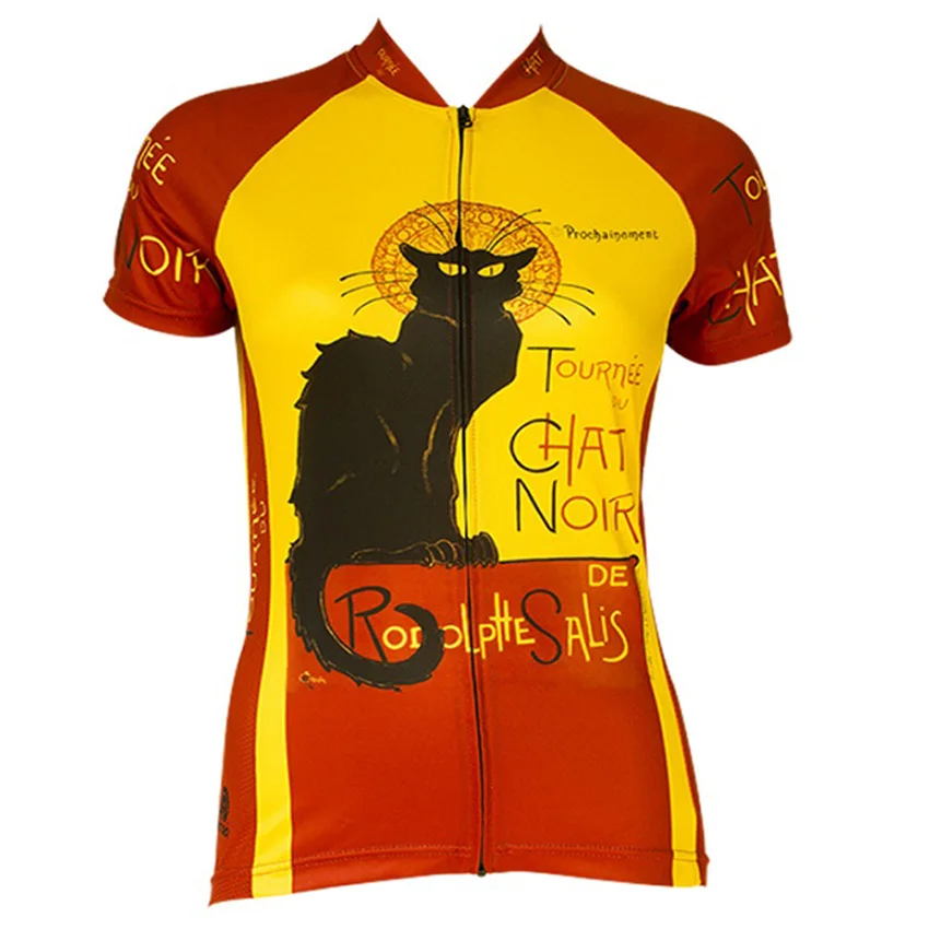 Black Cartoon Cat Slim Fit Women Cycling Jersey Top Short Sleeve Summer