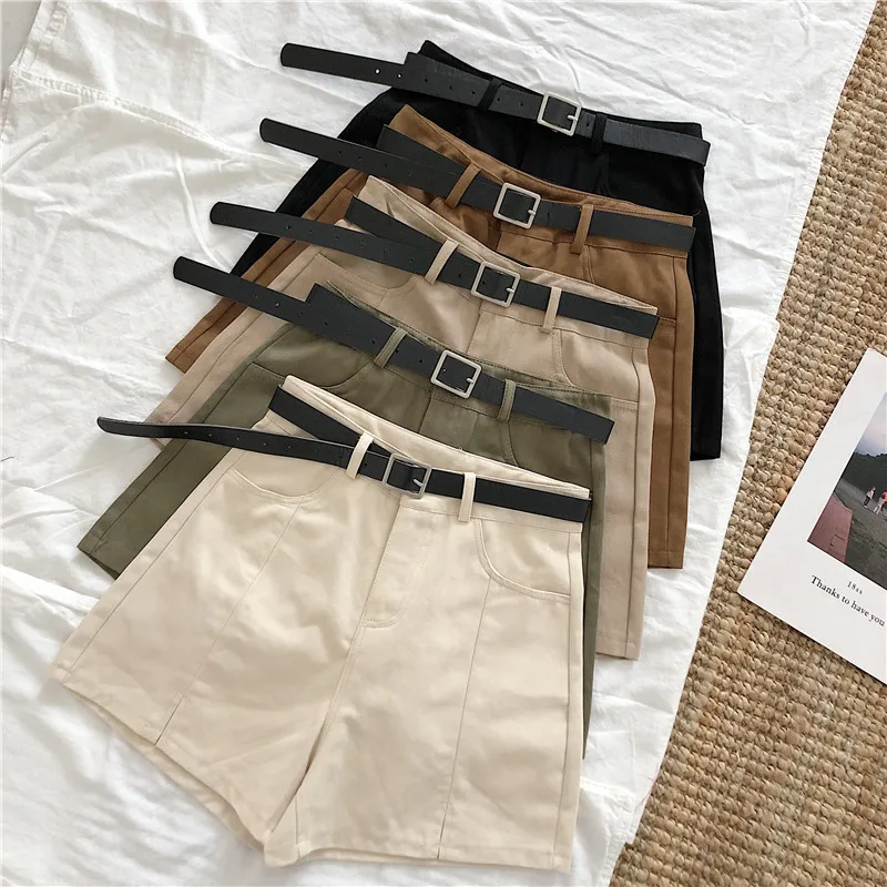 

Summer Solid Casual Side Split High Waist Shorts Women Korean Chic Wide Leg Cargo Shorts With Sashes Elegant Short Women Shorts