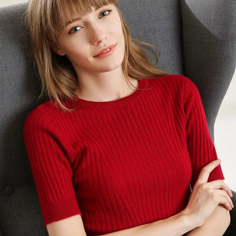 2019 Summer Cashmere Wool Sweater Spring Autumn Women Solid Short Sleeve O-neck Pullovers Jumper Knitted Sweaters 2019 Summer Cashmere Wool Sweater Spring Autumn Women Solid Short Sleeve O-neck Pullovers Jumper Knitted Sweaters