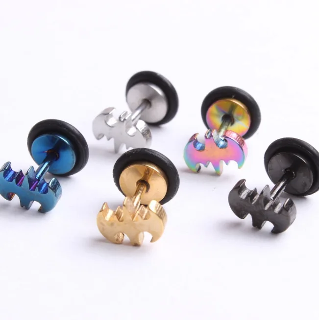 Whole Women Men Batman Earrings Punk Stainless Steel Whole Women Men Batman Earrings Punk Stainless Steel Barbell Stud Brincos Jewelry 5 Colors In From Accessories