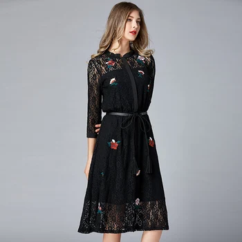 

2019 O Neck Embroidery Lace Large size Dress Sexy Sashes Women See-Through Three Quarter Night Club Body con Dresses Wholesale