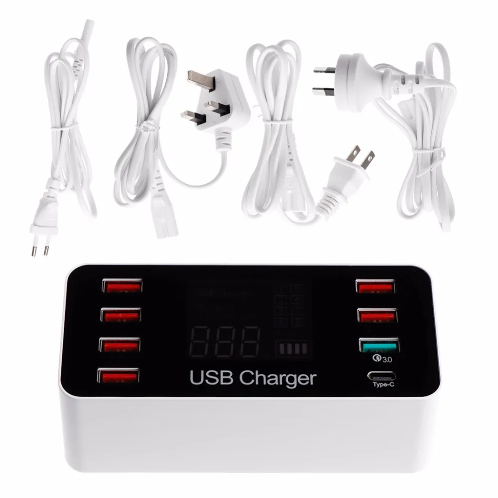 

8 Port USB Type C QC 3.0 Quick Charger 5V 8A AC 100-240V LED Voltage Current Display for iPhone Samsung Huawei Cellphone Tablet