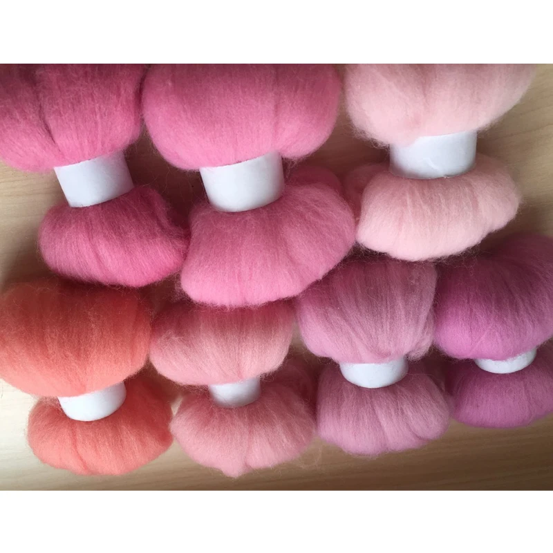 wool needle felting poke fun DIY roving felt 100% merino wool fiber Pink color 10g/7pcs/lot