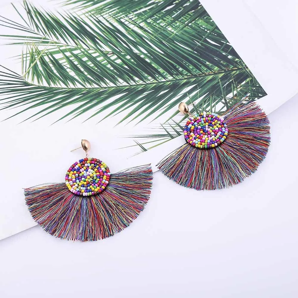 E5748 Trendy Drop Earrings RoundWomenLongBohemianBlueBeadsBalckMetalBohoHandmadeGold Tassel Earrings 2018 Jewelry