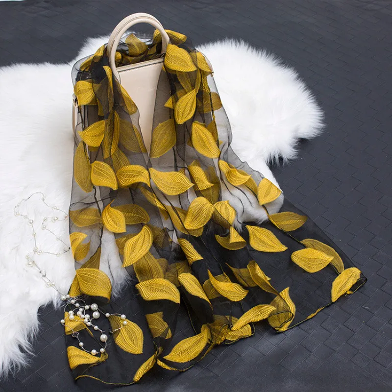 

Shawl spring summer scarf Lightweight Sheer Leaf Cut flowers print Gauze scarves shawls beach stoles hijab yellow red 180*70