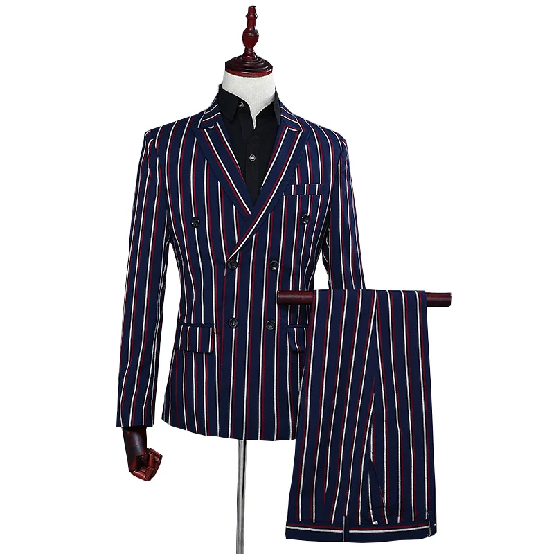 

double-breasted suits Men 2019 slim fit mens blazer with pant 2 pcs Formal dress Striped Suits set Host Business Casual Outside