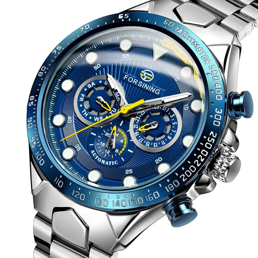 FORSINING, деловые мужские роскошные серебристые стальные наручные часы с голубым циферблатом, Мужские автоматические механические наручные часы