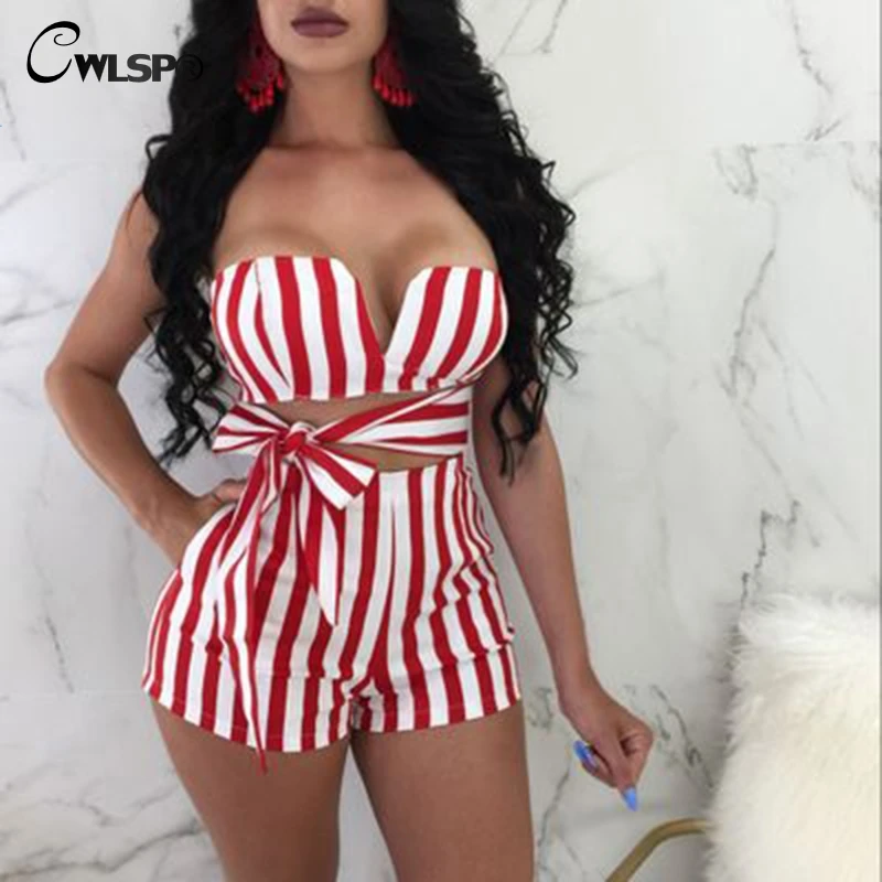 

CWLSP 2018 Summer Sexy Women Playsuit Lace up Fashion Casual Stripe Bow Tie Jumpsuit V-neck Crop Top With Short QZ2744