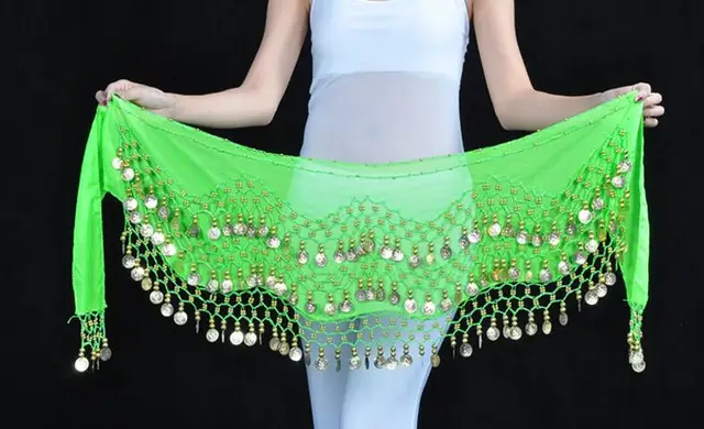 1 piece 3 Rows 128 Gold Coins Belly Dance Costume Hip Scarf Skirt Belt Wrap Waist New Brand light green