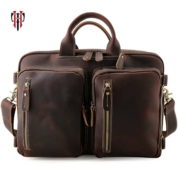 

TIANHOO multifunctional handle bag man retro cow leather bag for travel Shoulder bags14 inch laptop totes