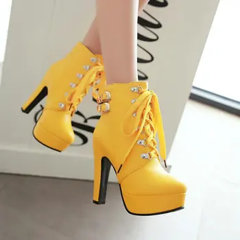 

Female Winter Platform Square High Heel Ankle Boots Women Fashion Lace Up Round Toe Shoes Black Yellow White Brown