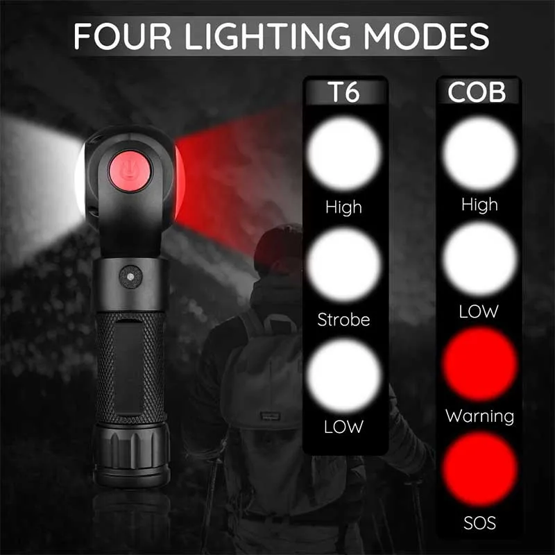 Фонарь светодиодный фонарик T6 + COB тактический высокая яркость вращающаяся на 360