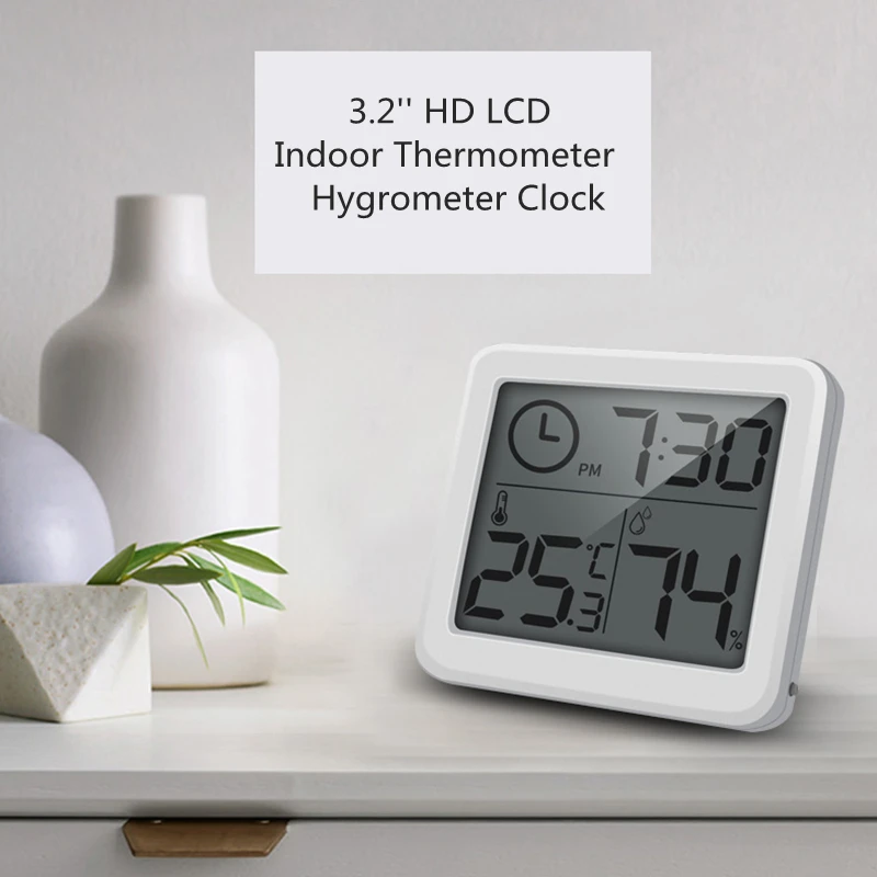 

Indoor Thermometer Hygrometer 3.2'' HD LCD Digital Temperature Humidity Meter Electronic Clock 12 hours