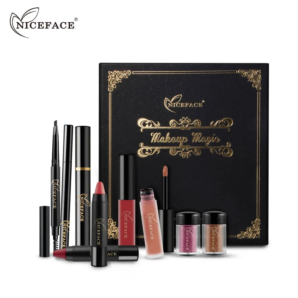 

NICEFACE 9pcs/box Shimmer Eyeshadow + Matte Lipstick Pen + Lip Gloss + Eyes Cosmetics Professional Makeup Kit Christmas Gift M10