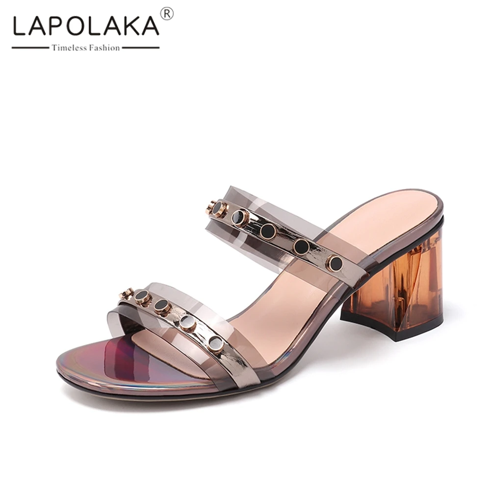 

Lapolaka 2019 New Fashion Genuine Sheepskin Shoes Mules Summer Women High Heels Slippers Women Shoes Woman large Size 34-42