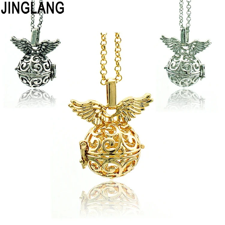 

JINGLANG Fashion Pendants Necklace 3 Color Flying Wing Charms Chime Ball Cage Angel For Women Jewelry