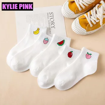 

KYLIE PINK 10 Pairs/Lot Cute Fruit Embroidery Women Cotton Socks Short Girls Meias Retro Funny Socks Multi Color Sock Spring