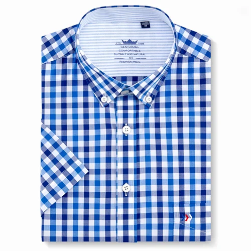 Мужская Стандартная посадка короткий рукав кнопка вниз нашивка для рубашки один нагрудный карман хлопок летняя повседневная однотонная/клетчатая/полосатая рубашка - Цвет: D201807-16
