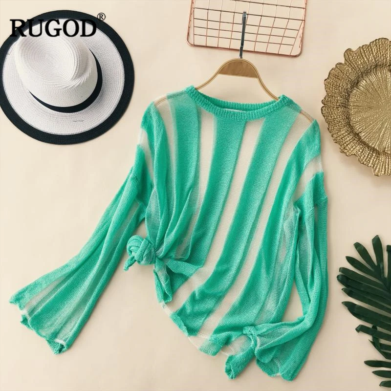 

RUGOD Women Sweaters And Pullover Striped Perspective Sweater Women Long Sleeve Knitted Sweater Women Casual Female Ice Silk Top