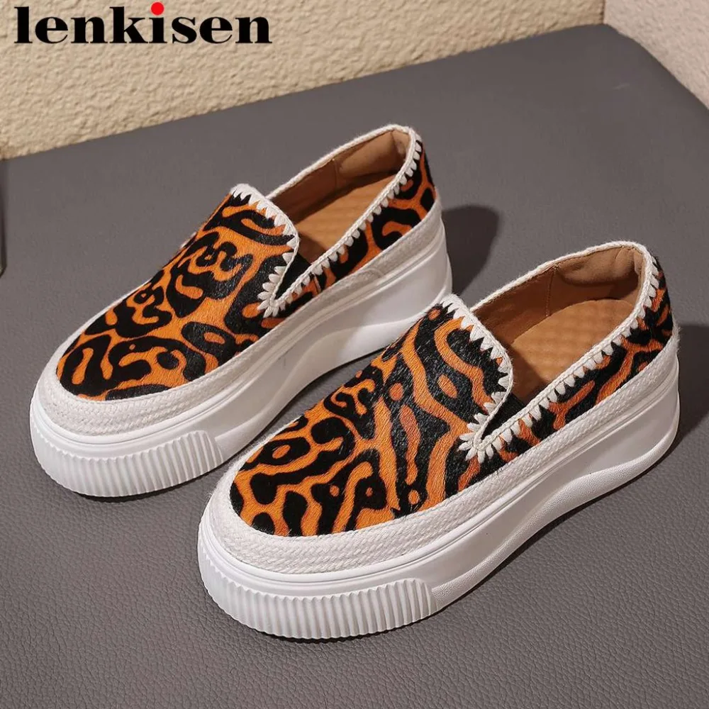 

Lenkisen Spring Autumn mixed colors luxury hoesrhair handmade loafers retro sewing slip on plus size woman vulcanized shoes L26