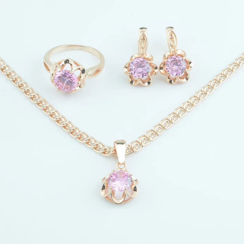 

FJ Women 585 Rose Gold Color Flowers Shaped Pink Cubic Zircon Stone Earrings Pendant Rings Jewelry Sets+Optional Necklace Chain