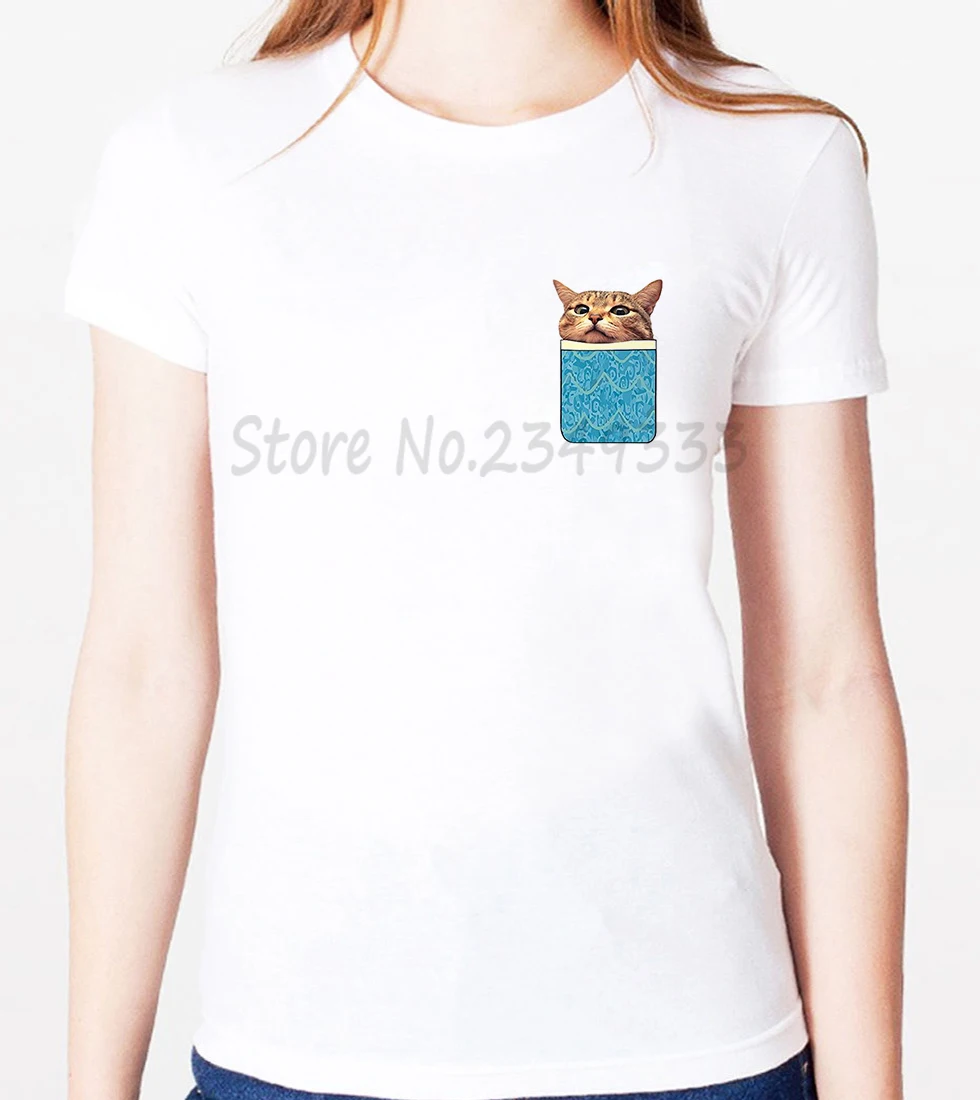 FUNNY PEEKING CAT POCKET Print Women tshirt Modal Casual Loose Funny t shirts For Lady Top Tee