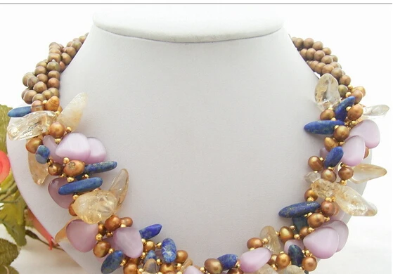 

huij 003522 4Strds Pearl&Citrine&Lapis&Cat's Eyes Necklace