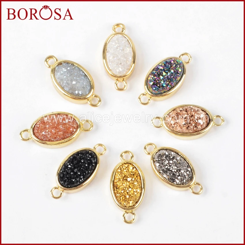BOROSA Oval Gold Bezel Natural Stone Titanium Rainbow Druzy Connector Double Bails Drusy Necklace Making ZG0142 | Украшения и