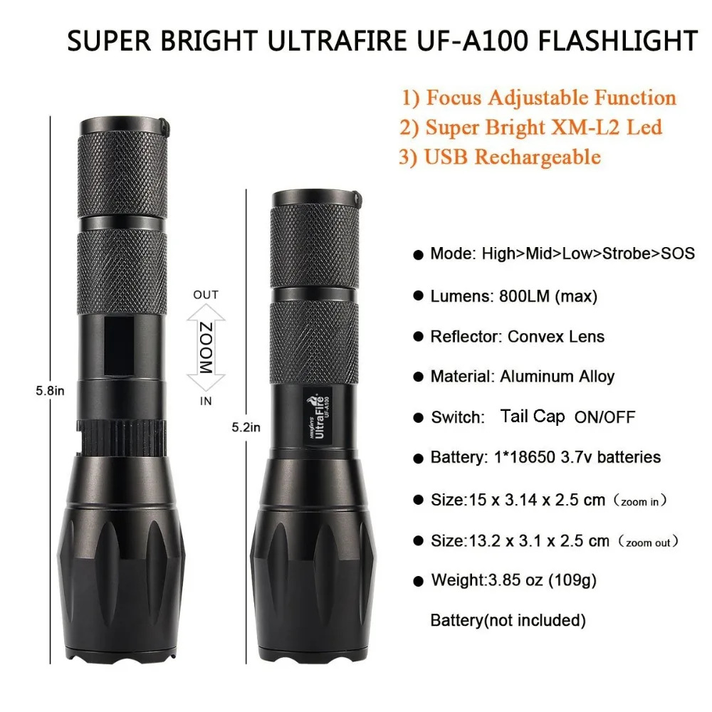 Lanterna de Luz de Caça Ultrafire Novo Carregamento Usb 1800 Lumen Zoom Cree Foco Xm l l2 5 Modos Táticas Tocha Tático Interruptor Brilho 4 flashlight 18650