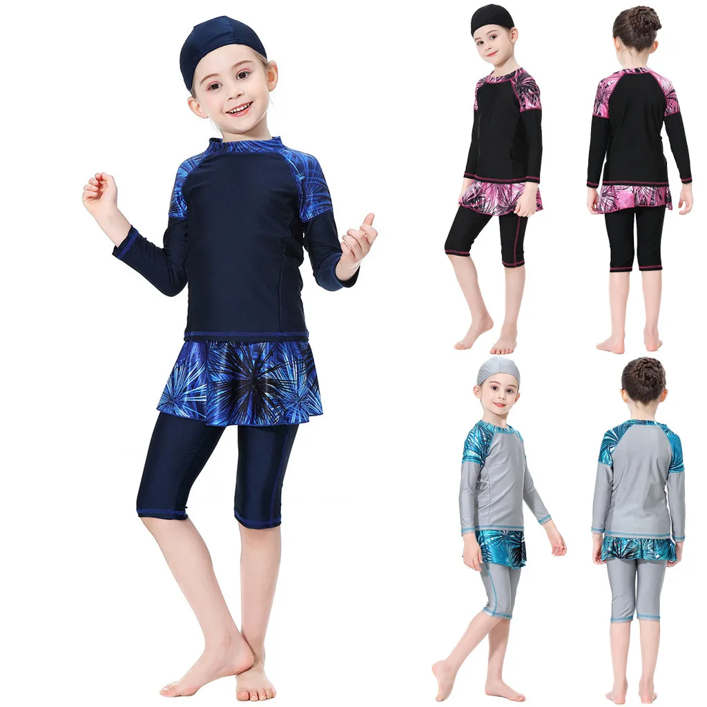 

Child Muslim Bathing Suit With Cap Solid Swimsuit Child Swimwear 3 piece split conservative swimsuit for children New A30424