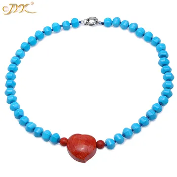

JYX Bohimia style Turquoise Necklace 9.5*13.5mm Blue Irregular Turquoise dotted a Red 30*37mm Coral Pendant 23" best gift