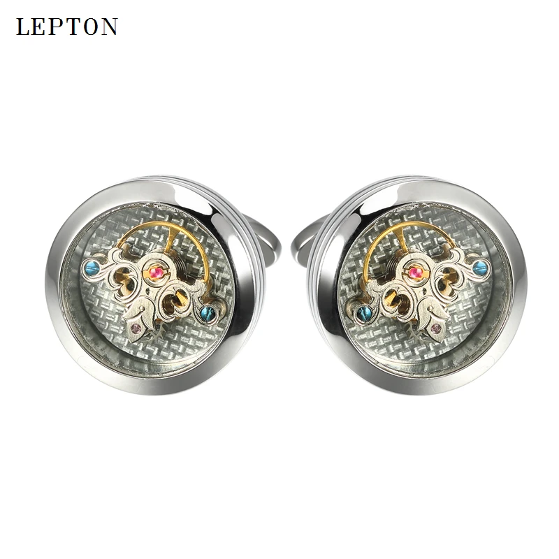 Lepton Exquisite Tourbillon Movement Cufflinks For Mens Wedding Groom Watch Steampunk Gear Mechanism Cuff links Relojes gemelos