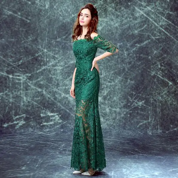 Зеленые кружевные вечерние платья Половина рукава с открытыми плечами с длинными рукавами мама; обувь под свадебное платье для невесты платье для выпускного бала Vestidos longos de luxo - Цвет: Зеленый