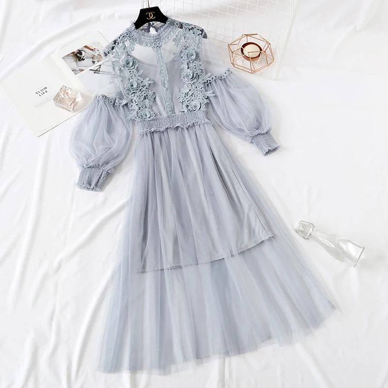 AYUNSUE/комплект из двух предметов, женское летнее кружевное платье, комплект, Boho, корейские длинные платья, сетчатые пляжные милые комплекты, Vestidos De Verano KJ1737 - Цвет: Gray blue