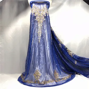 

2018 High Quality African Lace Fabric Gold , Royal Blue French Net Embroidery Sequins Tulle Lace Fabric For Nigerian party Dress