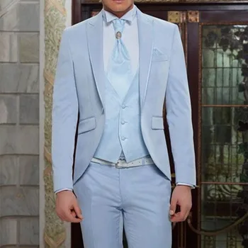 

Light blue classic men's suit beach wedding party elegant tuxedo 3 piece set Terno Masculino suit (coat + pants + vest + tie)