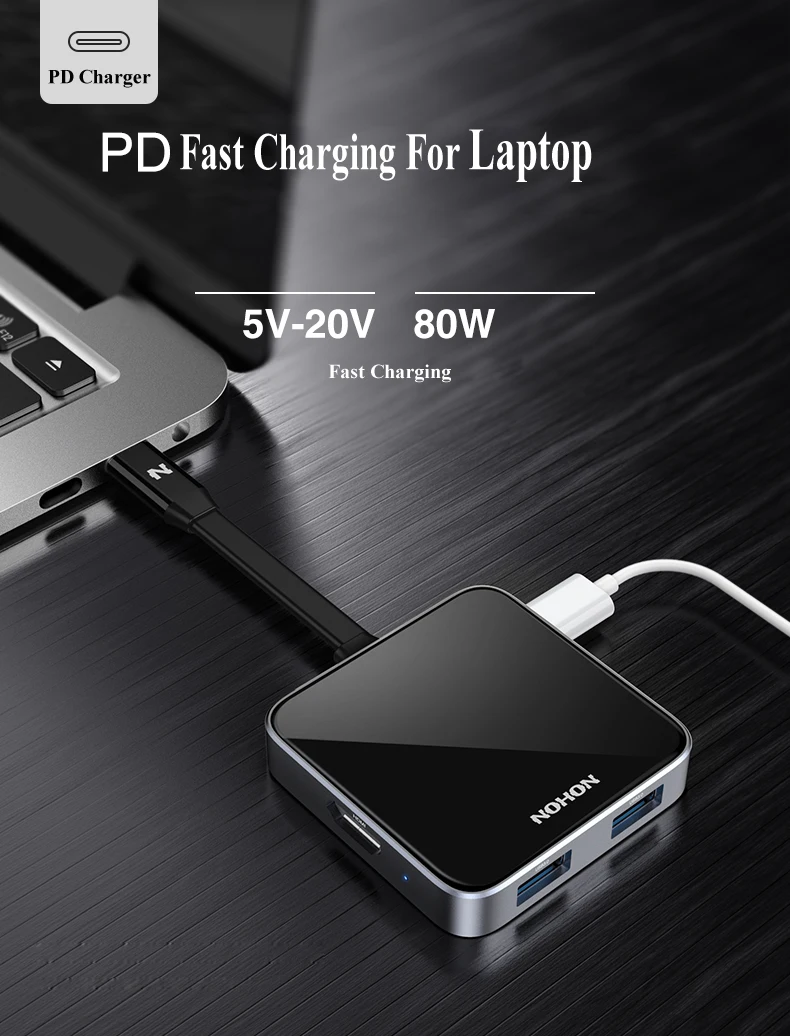Nohon USB C HUB 3.0 HUB HDMI Thunderbolt 3 Adapter For MacBook Huawei P20 Pro Mate10 Samsung Galaxy S9 Note 9 Type C PD  USB HUB NH-HUB02 Details  (03)