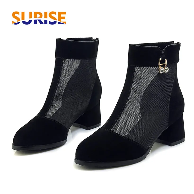 

Summer Crystal Women Ankle Boots High Block Heel Black Breathable Mesh Round Toe Casual Party Lady Rhinestone Zipper Short Boots