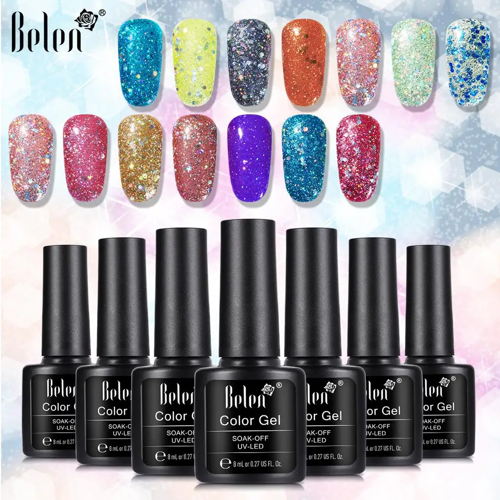 

Belen Diamond Glitter Professional UV Nail Gel Polish 8ml Soak Off Sequins8 Long-lasting Bling Varnish Manicure Art Tools Primer