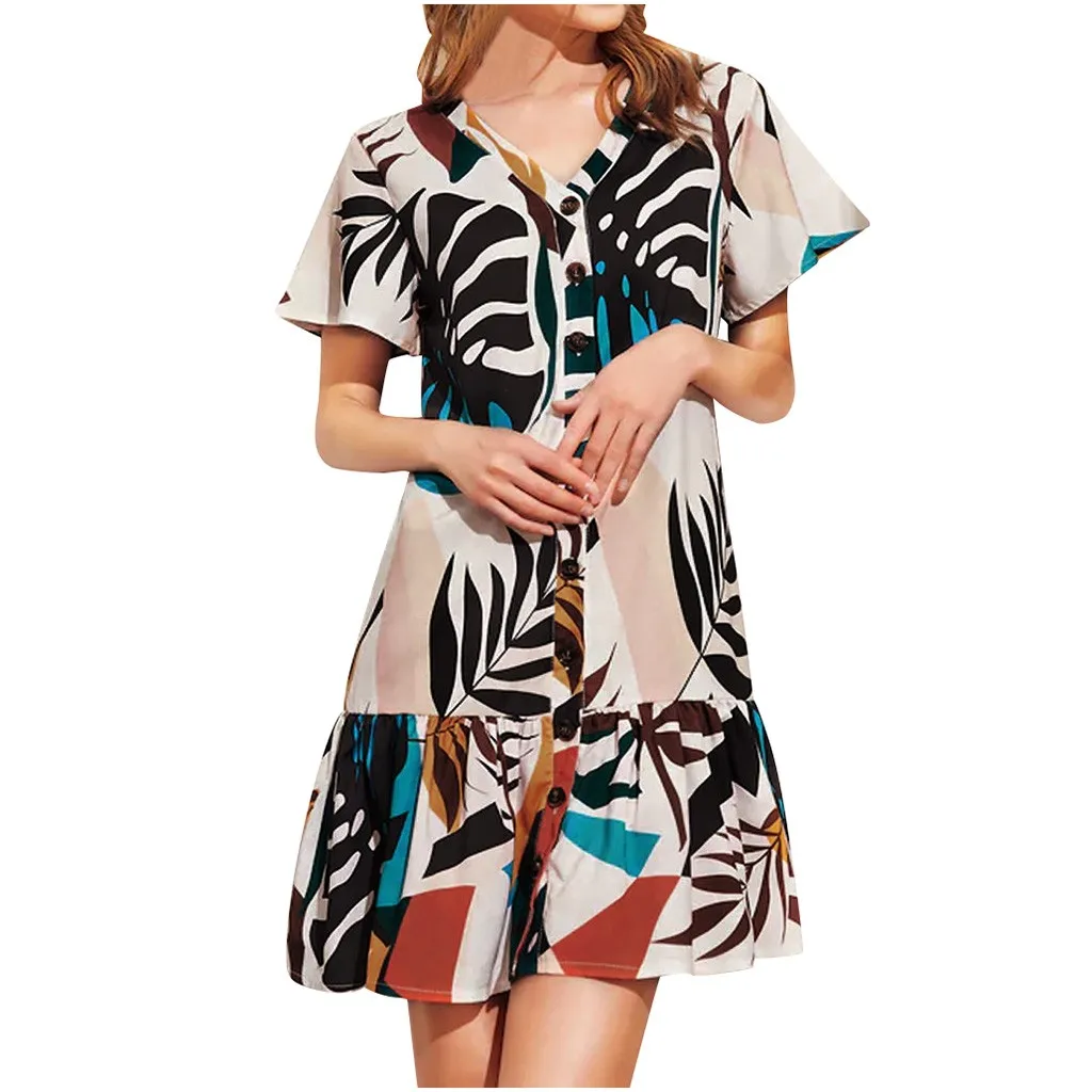 Модные женские летние повседневные платья с принтом листьев с коротким рукавом с v-образным вырезом и пуговицами vestidos de fiesta de noche 2019 #30